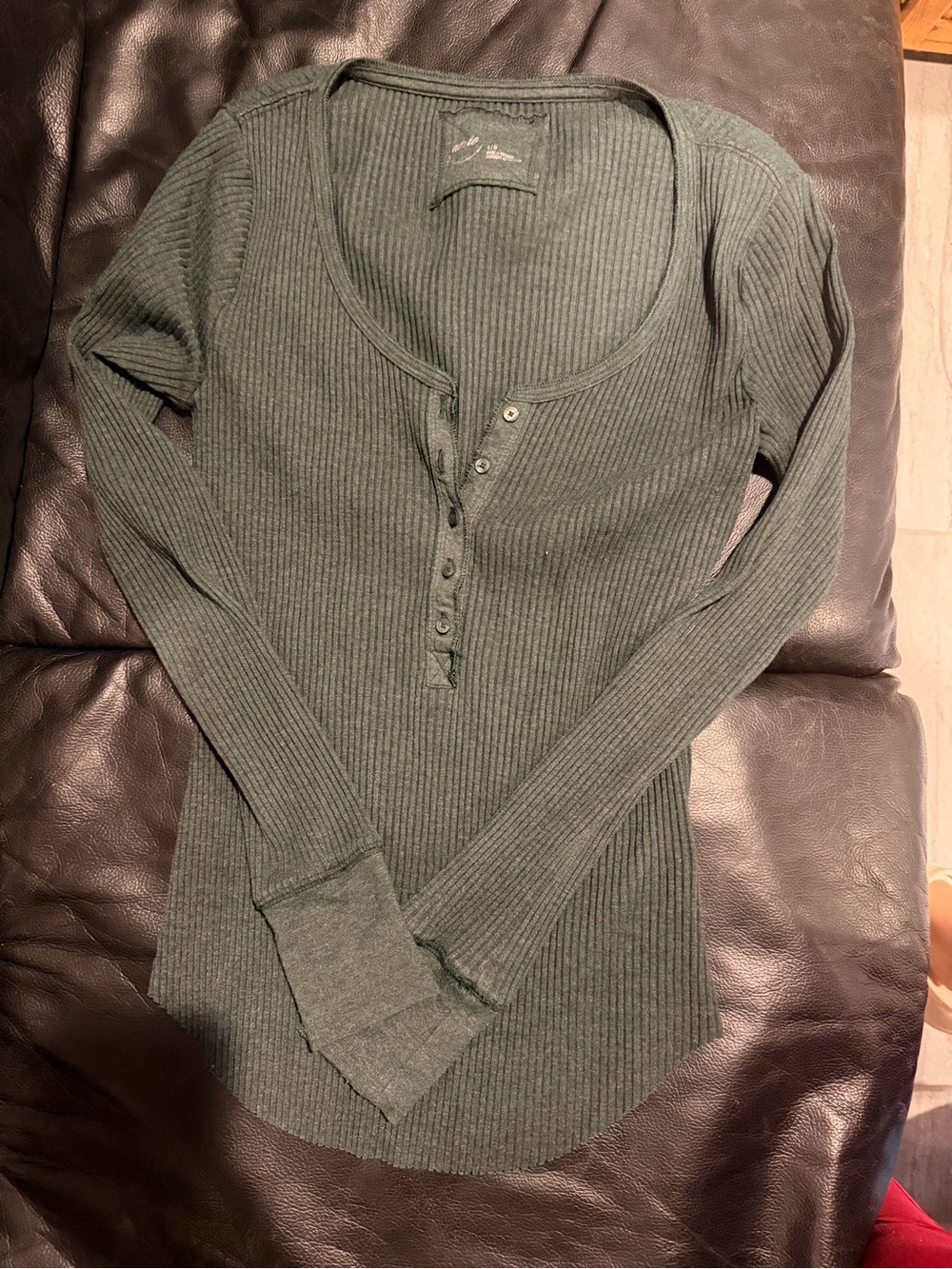 American Eagle Outfitters Green Ribbed Long Sleeve Henley Top